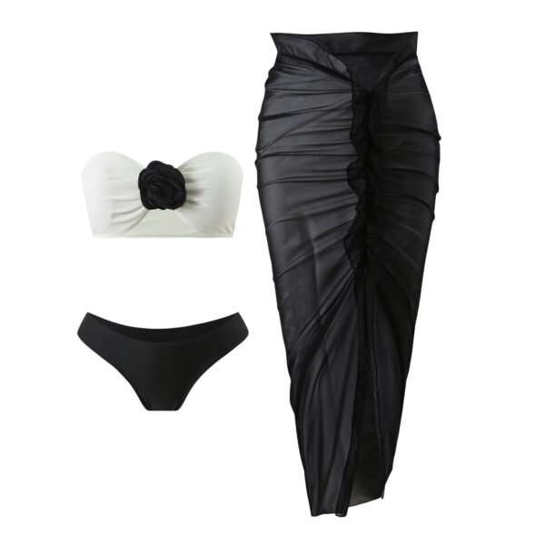 3-Piece Bikini Set with 3D Rose Embellished Bra and High-Waisted Skirt