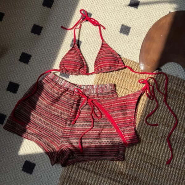 3-Piece Striped Bikini Set with Shorts – Stylish & Comfortable Beachwear - 图片 3