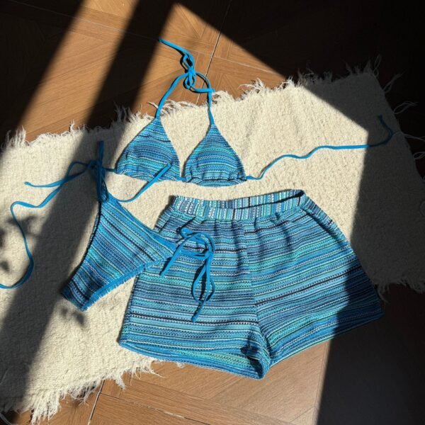 3-Piece Striped Bikini Set with Shorts – Stylish & Comfortable Beachwear - 图片 4