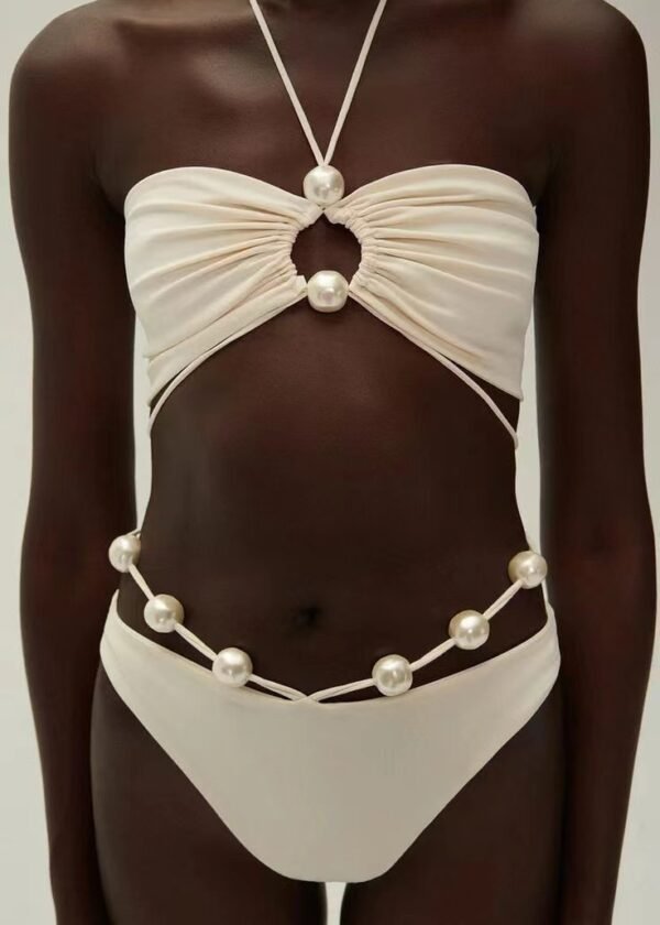 Pearl-Embellished Bandeau Bikini Set - 图片 3