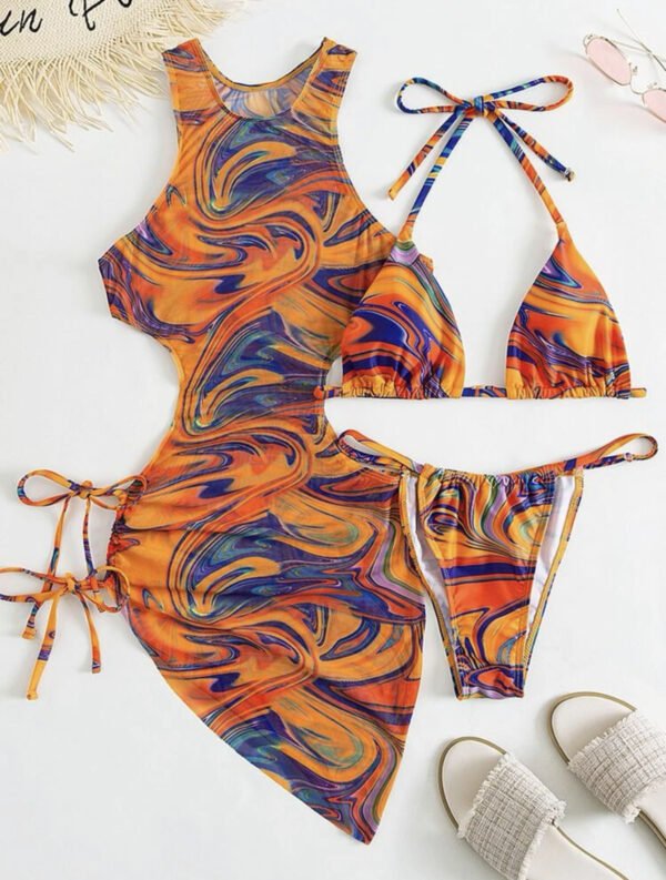 3-Piece Bikini Set with Long Cover-Up – Elegant Beach Look
