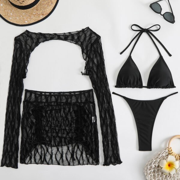 4-Piece Lace Long Sleeve Set with Lace Skirt & Bikini – Elegant & Sexy Beachwear