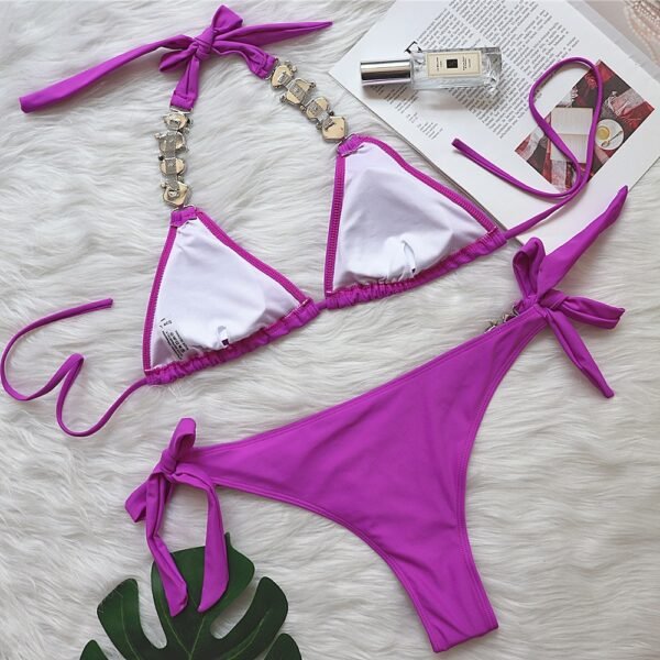 Luxury Red Crystal Bikini Set – Tie Side Triangle Swimsuit - 图片 3