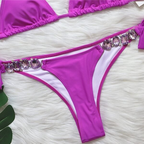 Luxury Red Crystal Bikini Set – Tie Side Triangle Swimsuit - 图片 5